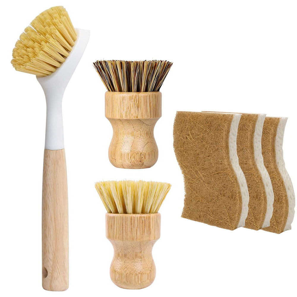 Dish Brush Bamboo - 6-delige bamboe afwasborstel- en sponset, keukenschrobborstels